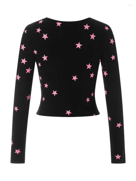 Magliette da donna Moda donna Crop Top Star Swirl Ball Stampa Girocollo T-shirt a maniche lunghe Primavera Autunno Casual Slim Fit Streetwear