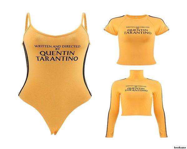 Quentin Tarantino maglietta corta gialla sexy crop top tumblr donna grunge stripe manica lunga cotone lavorato a maglia tee art fashion MX2001554821
