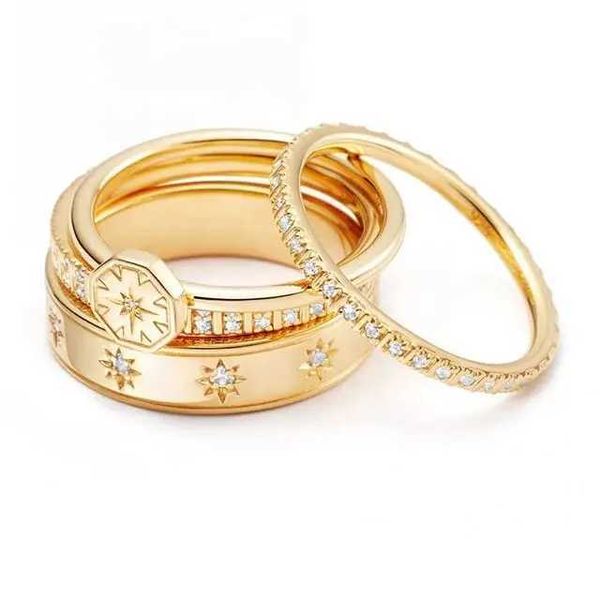 Anéis de banda de alta qualidade clássico moda simples anel de banda para mulheres Northstar Starburst CZ Design Sparking CZ Starburst Signet Finger Jewelry Q240402