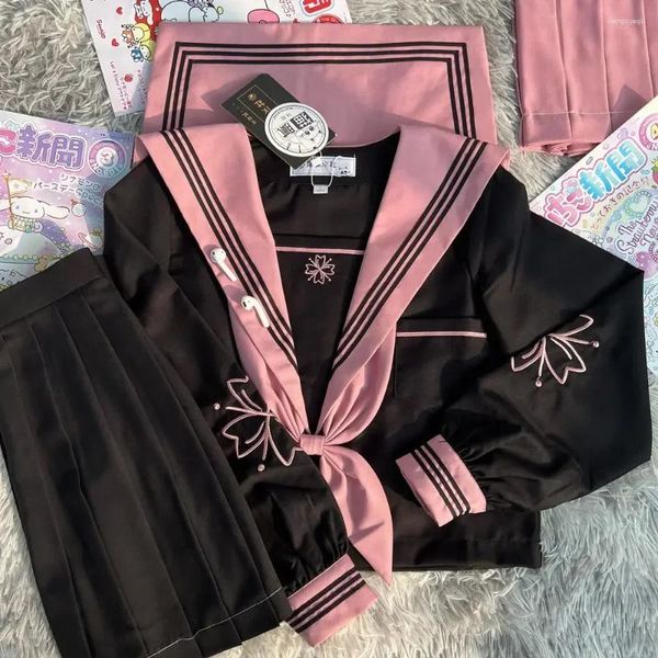 Set di abbigliamento Uniformi scolastiche cosplay per ragazze in rosa e nero Stile JK Abito da marinaio lungo a maniche corte Anime dolci universitari giapponesi