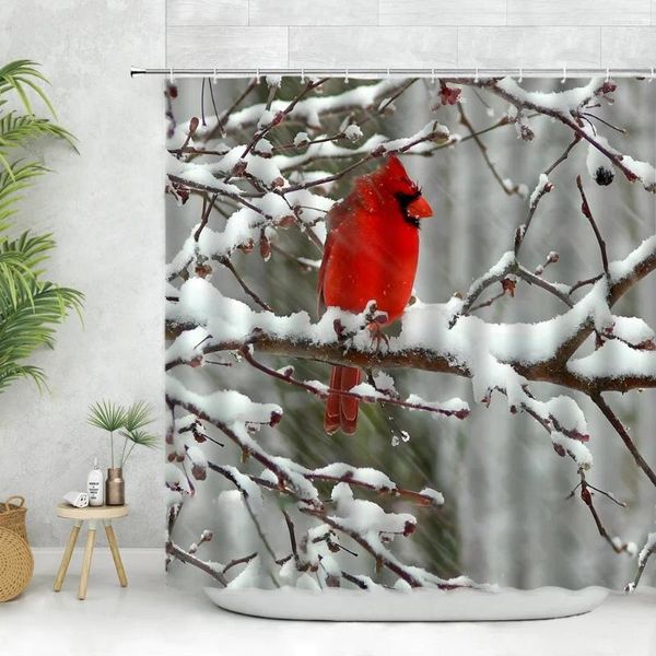 Tende da doccia Ramo di neve Tenda per uccelli rossi Inverno Freddo Boschi Foresta Paesaggio Natura Decor Tessuto Accessori da bagno Set da bagno