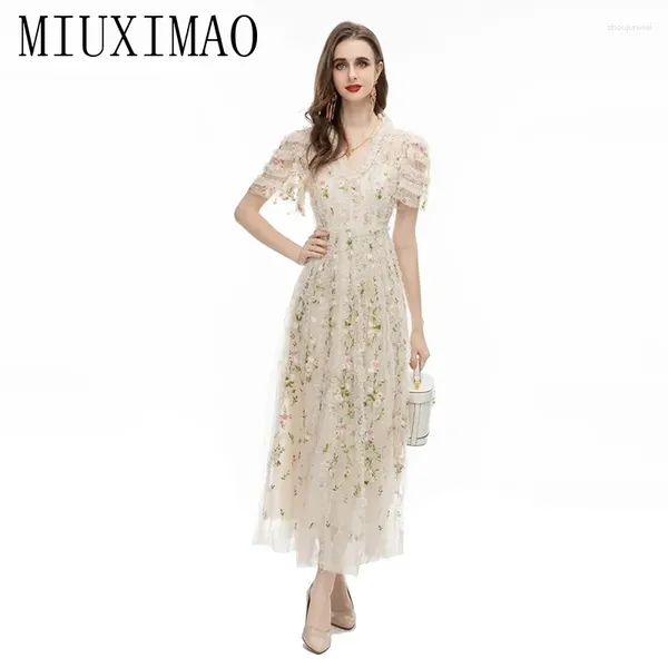 Vestidos de festa miuximao 2024 de alta qualidade primavera verão elegante vestido francês romance v-pescoço renda impressão gaze moda longa mulheres vestide