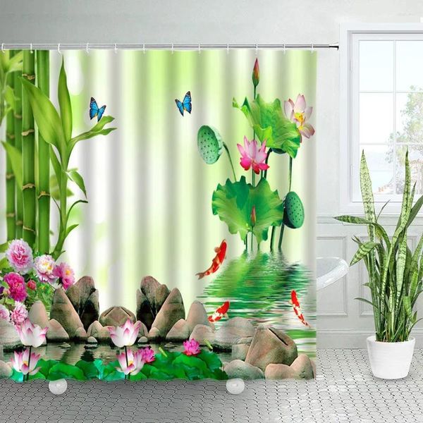 Tende da doccia Stile cinese Paesaggio Loto Verde Bambù Farfalla Fiori rosa Foglie Koi Stagno Arredamento bagno Zen con ganci