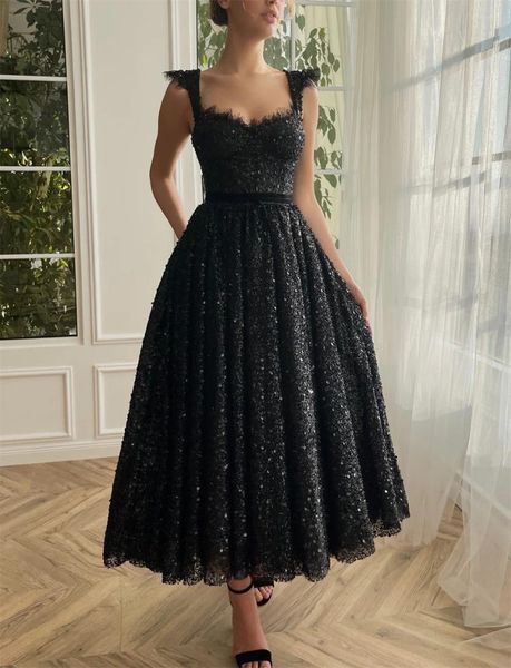 Abiti da festa Shiyicey Pizzo Elegante Nero Perline Paillettes Midi Ballo di fine anno Innamorato Senza maniche - Lunghezza A-Line Formale