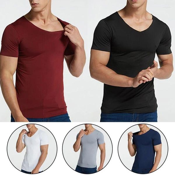 Erkekler Tişörtleri Yaz Gömlek Dikişsiz V-Yaka Hızlı Kurucu Buz İpek Kısa Kollu Tees Düz Renk Nefes Alabaç Fitness Koşu Spor Üstleri