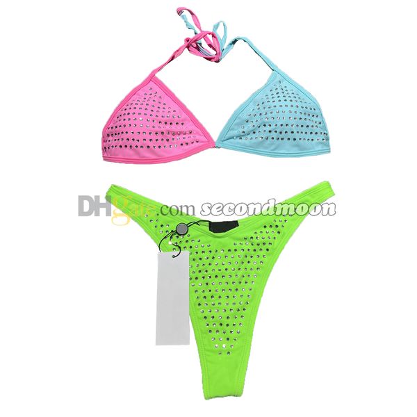 Conjunto de biquíni de cor contrastante feminino sparking maiô de cintura alta sexy halter beach wear