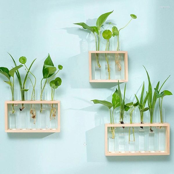 Vasi 1 set di piante idroponiche creative Contenitore con telaio in legno Vasto di prova di vetro trasparente Vaso bonsai per la casa decorazione del desktop artigianato