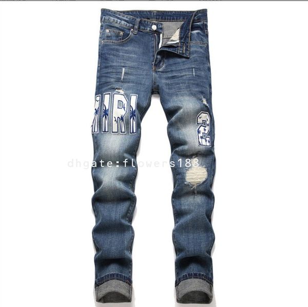 Am jeans maschile blu buco patch badge ricamato pantaloni pantaloni allunga i jeans di mezza rissa maschi