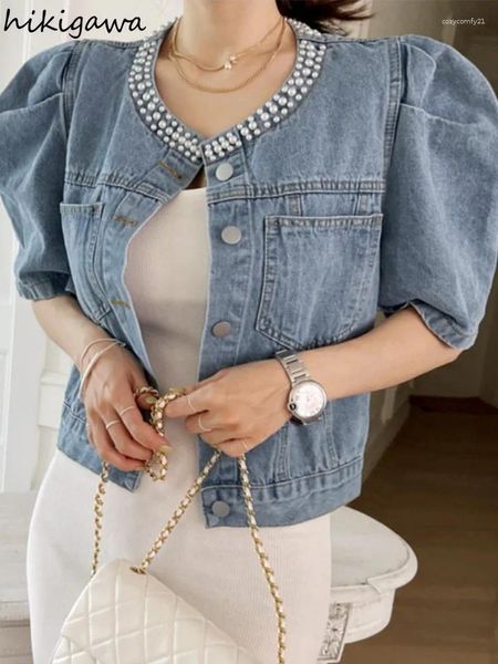 Damenjacken Harajuku Denim für Frauen Koreanische Chic Casual Outwear Crop Tops Puffhülse O-Ausschnitt Perlen Vintage Mantel 2024 Ropa Mujer