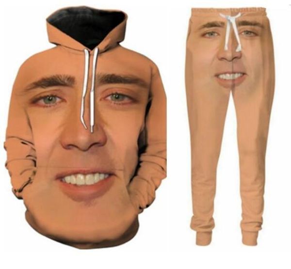 Nuovi UominiDonna The Giant Blown Up Face of Nicolas Cage 3D Print Fashion Tute Girocollo Felpa e Pantaloni 2 Pezzi Set Felpe con cappuccio3022761