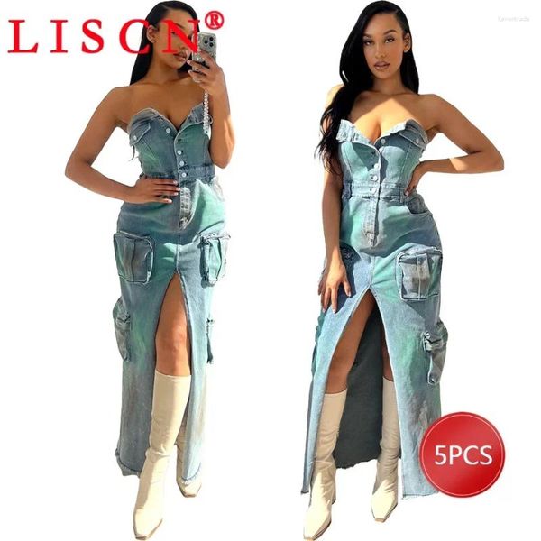 Sıradan Elbiseler 5 PCS Toplu Ürünler Toptan Lots için Kadınlar İçin Denim Bahar 2024 Seksi Straplez Mavi Tüp-Top Split Maxi Elbise Y2K K12672