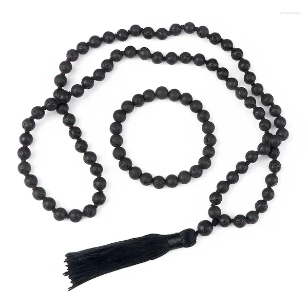 Комплект ожерелья и серег 8 мм, браслеты из черного лавового камня, мужские браслеты из натурального мала с бисером, Джапамала, медитация, йога, кисточка для женщин, ювелирные изделия