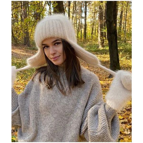 Frauen Winter Angora Ohrenklappen Hut Warme Flauschige Kaninchen Fell Stricken Weibliche Dicke Fleece Gefüttert Russische Trapper 10 Farben 240311