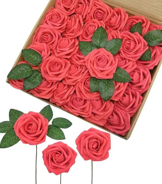 Fiori decorativi Mefier Fiore artificiale 25/50 pezzi Rose finte corallo con gambo per bouquet da sposa fai da te Composizioni floreali Casa