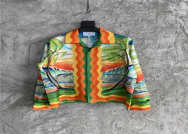 Camisa de manga comprida de seda pintada com desenho de Sunset Hill, camisa estampada de praia do Havaí de coco 8994264