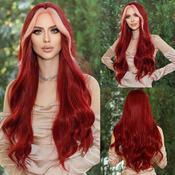 Wigs Namm Long Wavy Middle Part Wine parrucca rossa per le donne COSTRUAGGIO GIORNI Sintetico Sintetico evidenzia parrucche per capelli rosa Lolita Resistente al calore