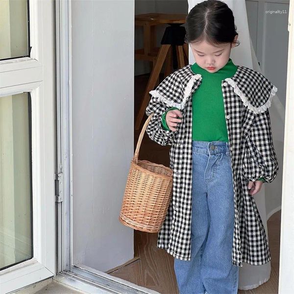 Giacche Abbigliamento per bambini coreano 2024 Autunno Ragazze Gonna Camicia a quadri Abito giacca Abiti invernali per bambina retrò