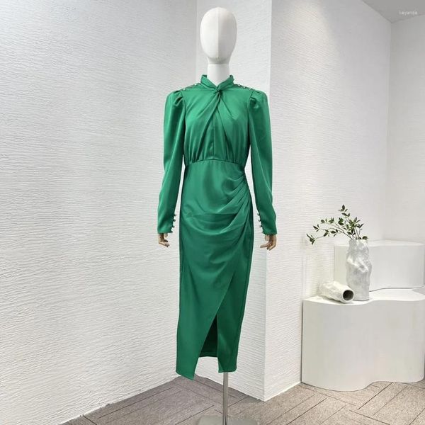 Vestidos casuais elegantes mulheres de alta qualidade verde cruz nó frente diamantes manga longa lateral fenda cetim midi vestido