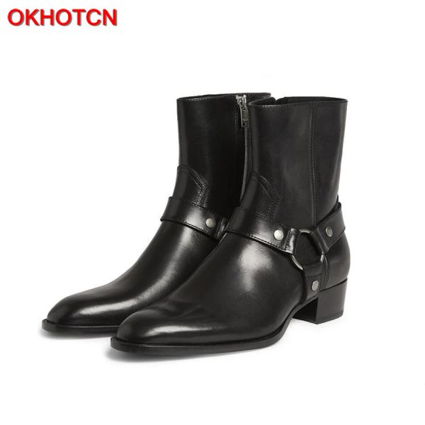 Botas Okhotcn Men vintage Chelsea botas genuínas camurça de couro Roma Man Boots Zipper Sapatos casuais masculinos Sapato Botas