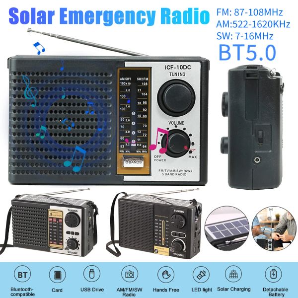 Altoparlanti AM FM SW Emergency Radio con altoparlanti BluetoothComptible 5.0 Multi Band Radios LED LED Flashlights Radio meteorologico solare