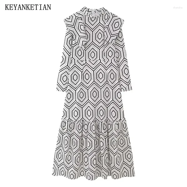 Abiti casual KEYANKETIAN 2024 Lancio Spalline con stampa geometrica da donna Abbelliscono Vintage Drss MIDI a maniche lunghe slim alla caviglia