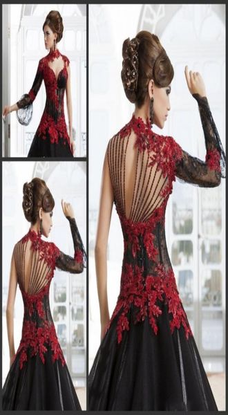 Maskerade High Neck Red Lace Gothic Brautkleider A-Linie Schwarz Tüll Brautkleider Arabisch Sheer Long Sleeves Quinceanera Dress7413096