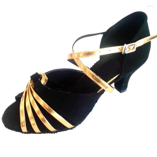Танцевальная обувь, настраиваемый каблук, черный и золотой цвет, с прорезями на ремешке, вечерние, вечерние, с открытым носком, бальные сандалии для сальсы, латины