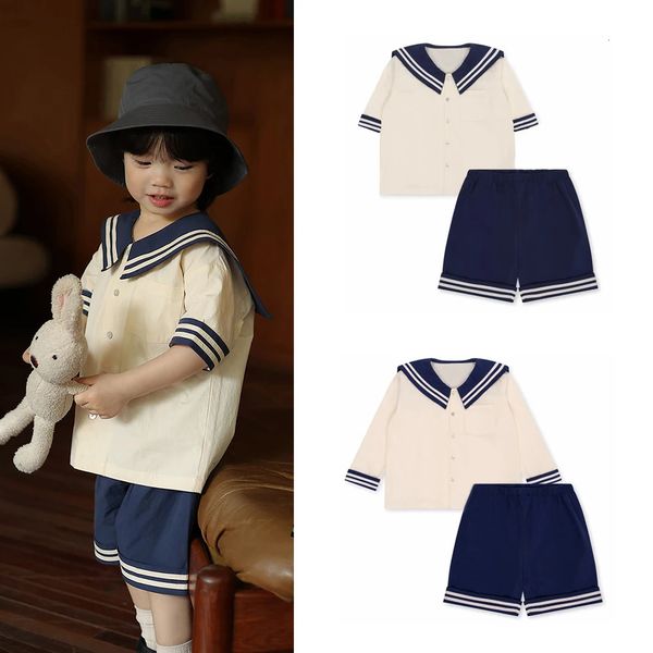 Conjuntos de roupas para bebês meninos e meninas, gola de marinheiro, algodão macio, uniforme marinho, traje 240327