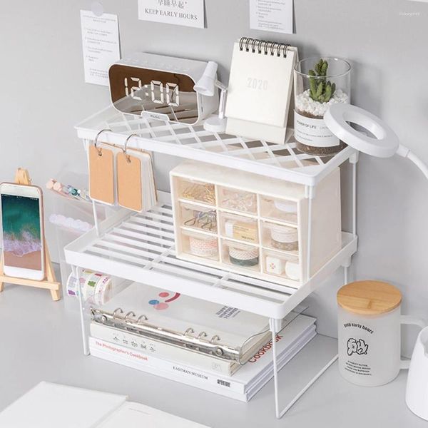 Ganci Scaffale per organizer da scrivania Materiale scolastico per ufficio Strato di ferro Dormitorio Home Desktop Cancelleria Ripiani porta cosmetici pieghevoli