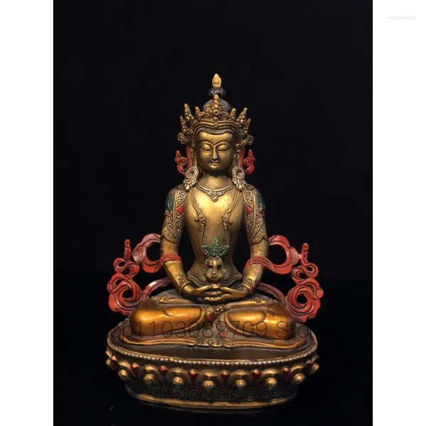 Estatuetas decorativas 21cm herança tibetana antigo bronze pintado estátua de Buda da longevidade