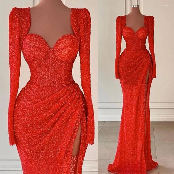 Vestidos de festa vermelho lantejoulas sereia noite para mulheres sexy querida ombro almofada coxas fenda plissada vestido de baile casamento segundo