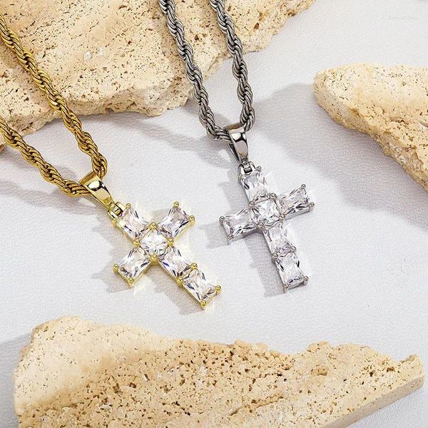 Ожерелья с подвесками в стиле хип-хоп, квадратные CZ-камни, вымощенные блестящими подвесками со льдом, крестовые подвески, ожерелье для мужчин и женщин, ювелирные изделия в стиле рэпер, цвет: золото, серебро