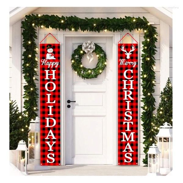 Decorações de Natal 2 Pc Xadrez Porch Sign Boas Festas Banner Porta Frontal Pendurado Para Casa Parede Interior Decoração Exterior