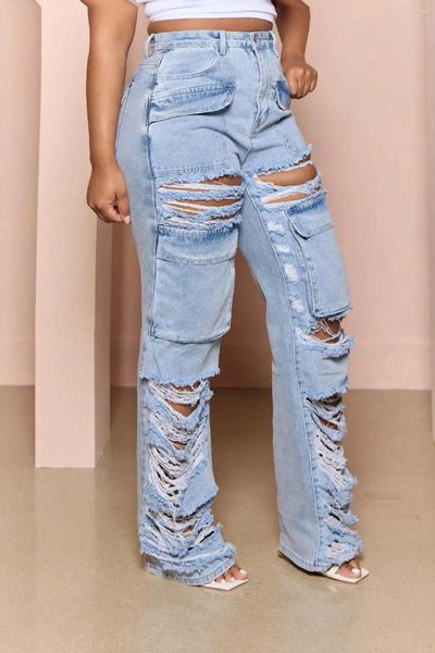 Jeans da donna 2024 Designer di lusso Young Sexy Hollow Out Hole High Street Sweet Style Pantaloni lunghi in denim a gamba larga da donna