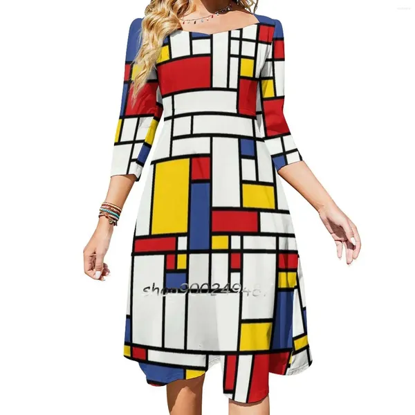 Vestidos Casuais Piet Mondrian Arte Abstrata 1960S Vermelho Azul Amarelo Quadrado Pescoço Vestido Bonito Impressão Solta Elegante Festa de Praia