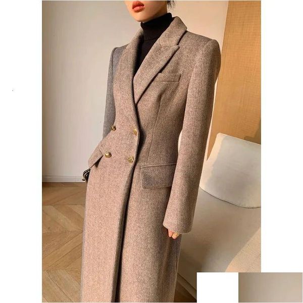 Donna Misto Lana Mexzt Cappotto Lungo Vintage Donna Elegante Blazer Giacche di Lana Abito Coreano Slim Soprabito Inverno Office Lady Simple Out Dh9Kz