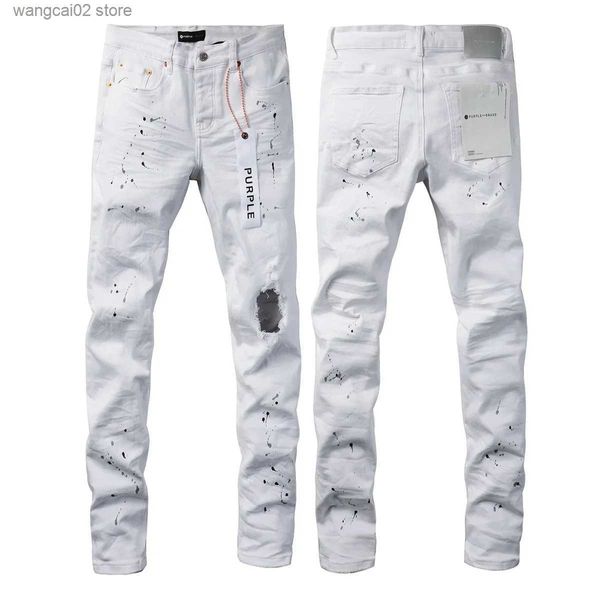 Jeans da uomo Hot New Fashion 2024 Slim 1 1 Jeans viola Marca Autunno e inverno Jeans High Strt Vernice bianca invecchiata T240402