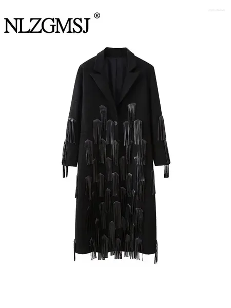 Kadın trençkotları nlzgmsj 2024 kadın moda deri püskül süslenmiş uzun gündelik yün karışımı ceket sonbahar kış kapitone ceket
