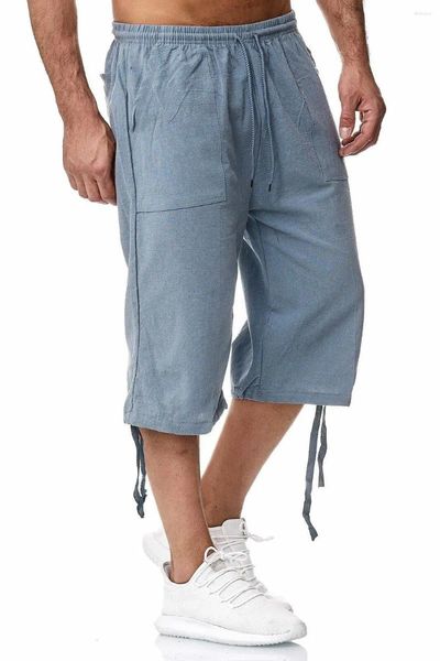 Pantaloni da uomo Estate Casual Cotone Lino Cargo Pantaloncini con coulisse a sette punti Y2k Abbigliamento maschile