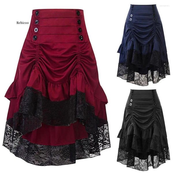 Saias trajes steampunk gótico saia renda mulheres roupas alta baixa plissado festa lolita vermelho medieval vitoriano punk