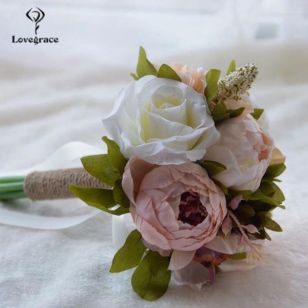 Fiori matrimonio Lovegrace Bouquet da sposa Fiore damigella d'onore Seta artificiale Rosa Peonia Ortensia Fornitura per ballo di fine anno