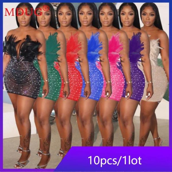 Vestidos casuais 10 pcs itens a granel atacado lotes festa para mulheres verão sexy pena diamantes pérola envoltório no peito vestidos y2k m11608