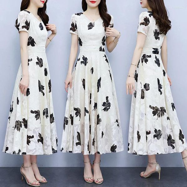 Partykleider TingYiLi V-Ausschnitt Kurzarm Sommerkleid Frauen Floral Chiffon Midi Lang Koreanischer Stil Elegante Damen Beige A-Linie