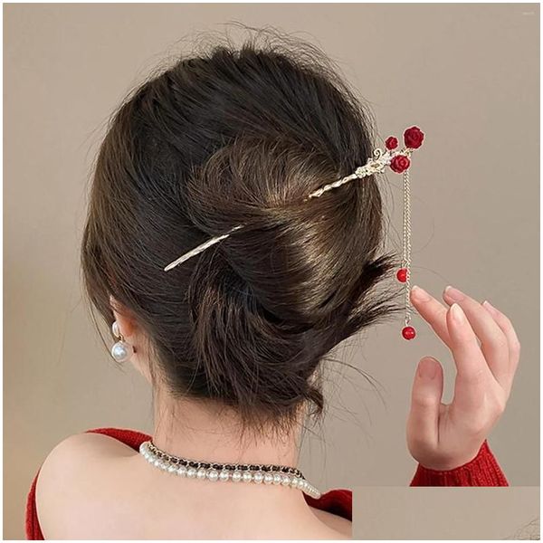 Haarspangen Haarspangen Chinesische Stick Rote Rose Blumen Haarnadel Tiaras Für Frauen Quaste Metall Klassische Mädchen Brötchen Schmuck Mädchen Retro Bijoux D OT1Uo