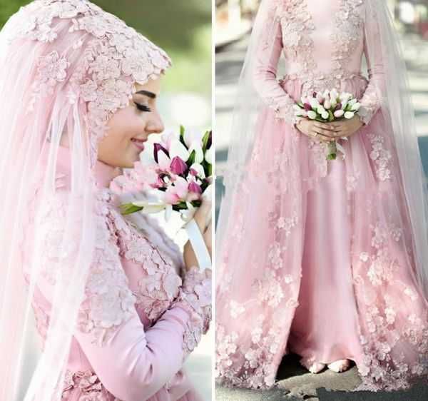 Pérola rosa muçulmano vestidos de casamento vestidos de noiva 2021 uma linha alta pescoço mangas compridas 3d laço floral dubai árabe sem hijab noiva 3837644