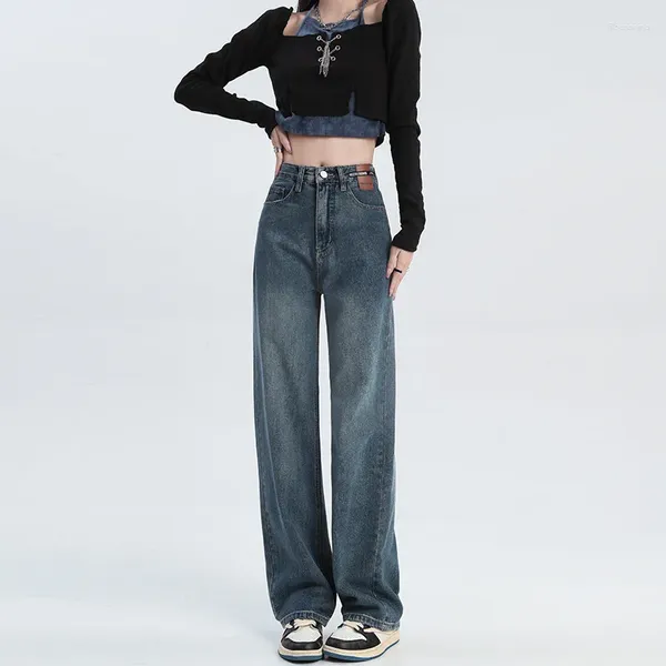 Jeans femininos mulheres baggy calças jeans retas cintura alta tubo largo etiqueta para calças streetwear