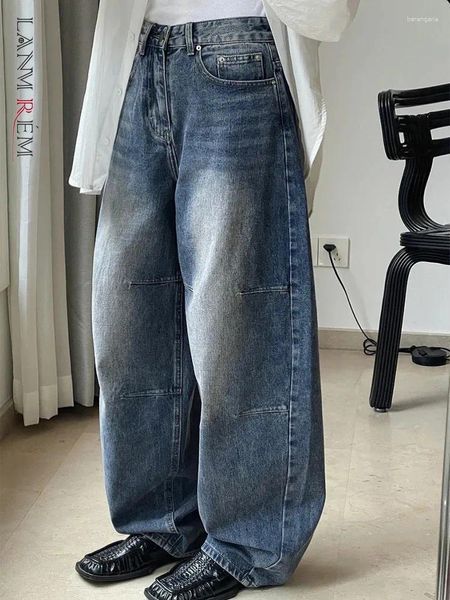 Jeans da donna LANMREM Designer lavato per le donne Pantaloni blu scuro a vita alta in denim a gamba larga Pantaloni streetwear 2024 Estate 26D8858