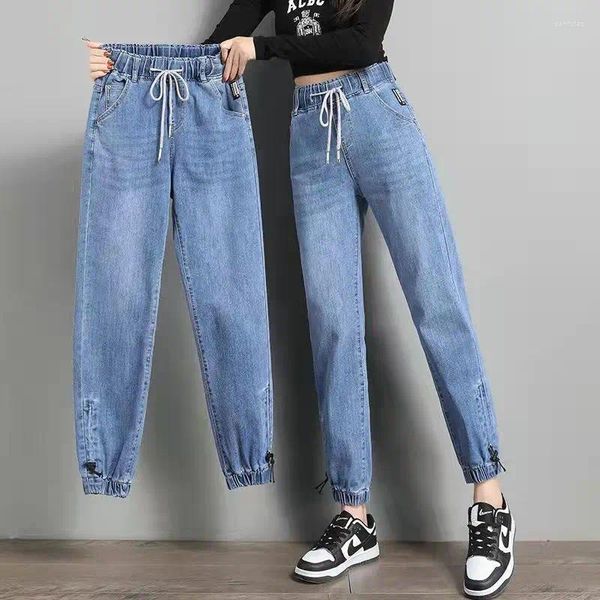 Jeans da donna 2024 Coulisse alla caviglia Jogger allentato Donna Tinta unita Streetwear Scratch Denim Pantaloni All-match Elastico