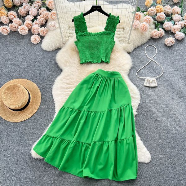 Yuoomuoo chique moda feminina vestido ternos verão férias estilo sem mangas elástico topos de cintura alta saias longas senhora outfits 240329