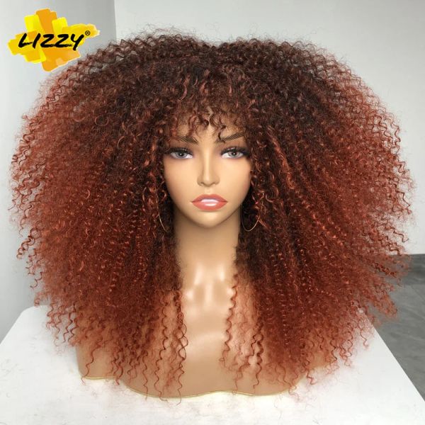 Парики Lizzy Brown Curly Wig Synthetic Afro Kinky Curly Wig с челкой для чернокожих женщин Пушистый косплей парик Ombre Hair 18 ''